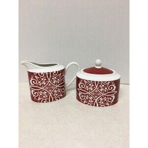 Noble Excellence Moroccan Red Ceramic Creamer And Sugar 2 Pc.Set Red And White